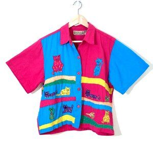 Vtg New Directions Cat Linen Button Down Shirt Applique Colorblock Artsy Novelty